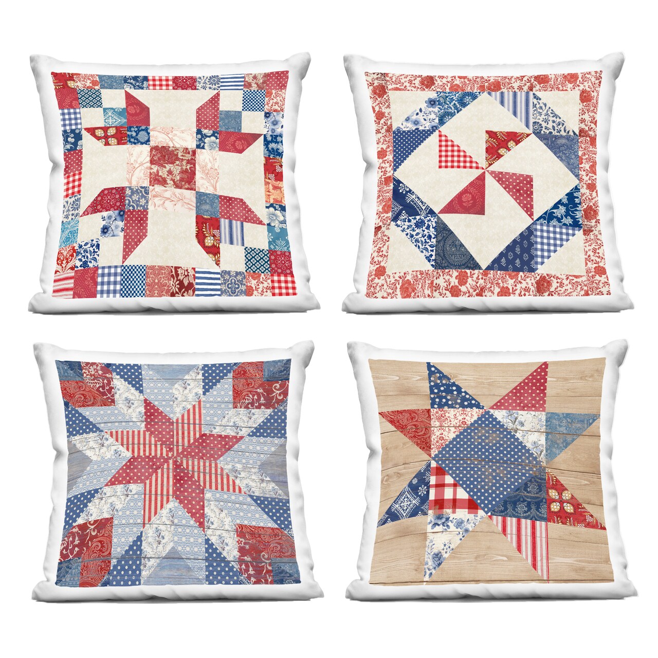 Stupell Industries Classic Patriotic Quilt Patterns 4 Piece Decorative Printed Throw Pillow Set, design by Susan Arnot, 18 x 7 x 18